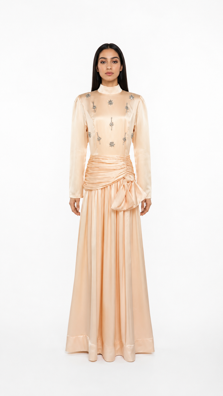 High-neck embellished satin maxi dress with draped waist – LYRA