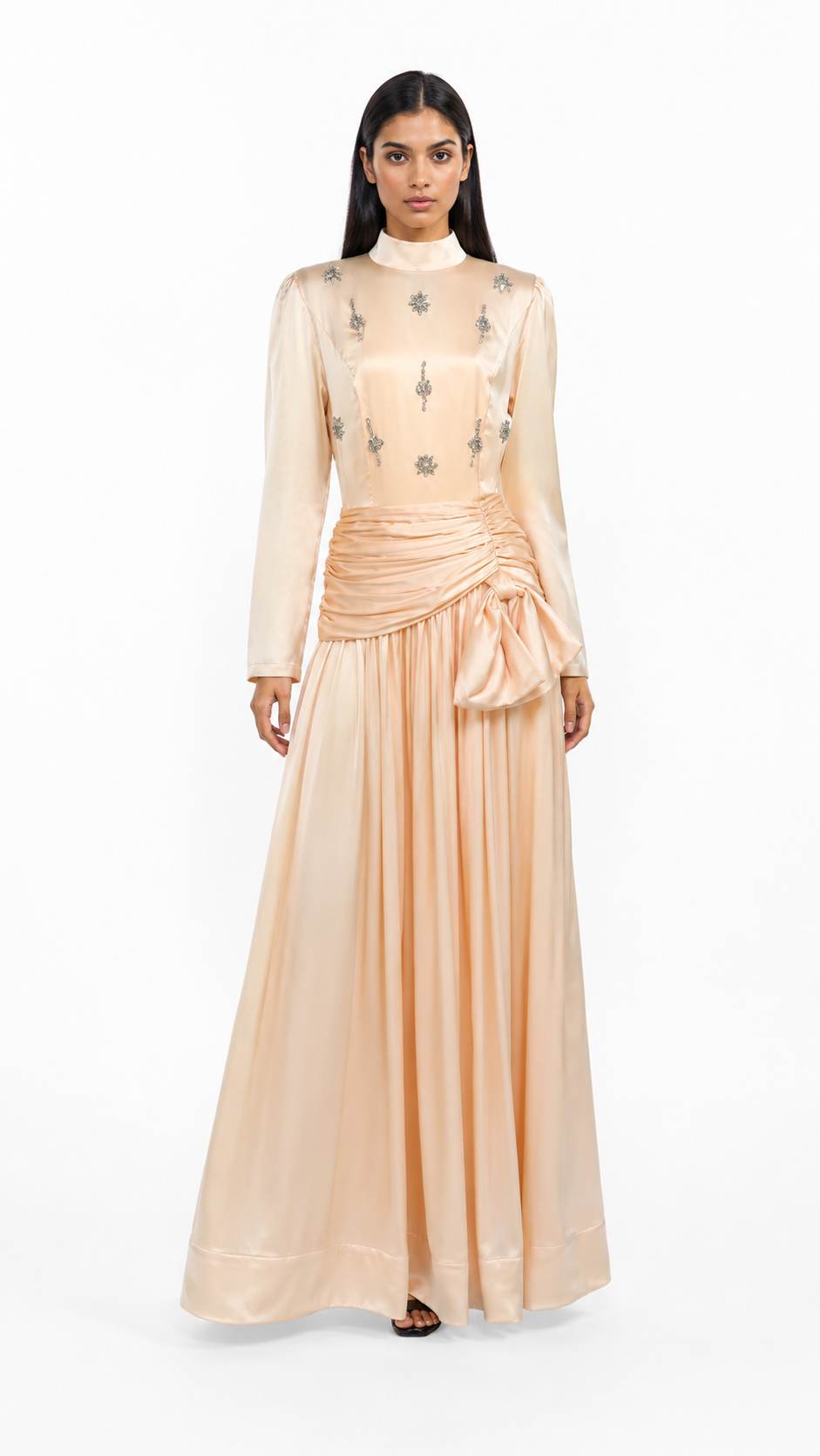 High-neck embellished satin maxi dress with draped waist – LYRA