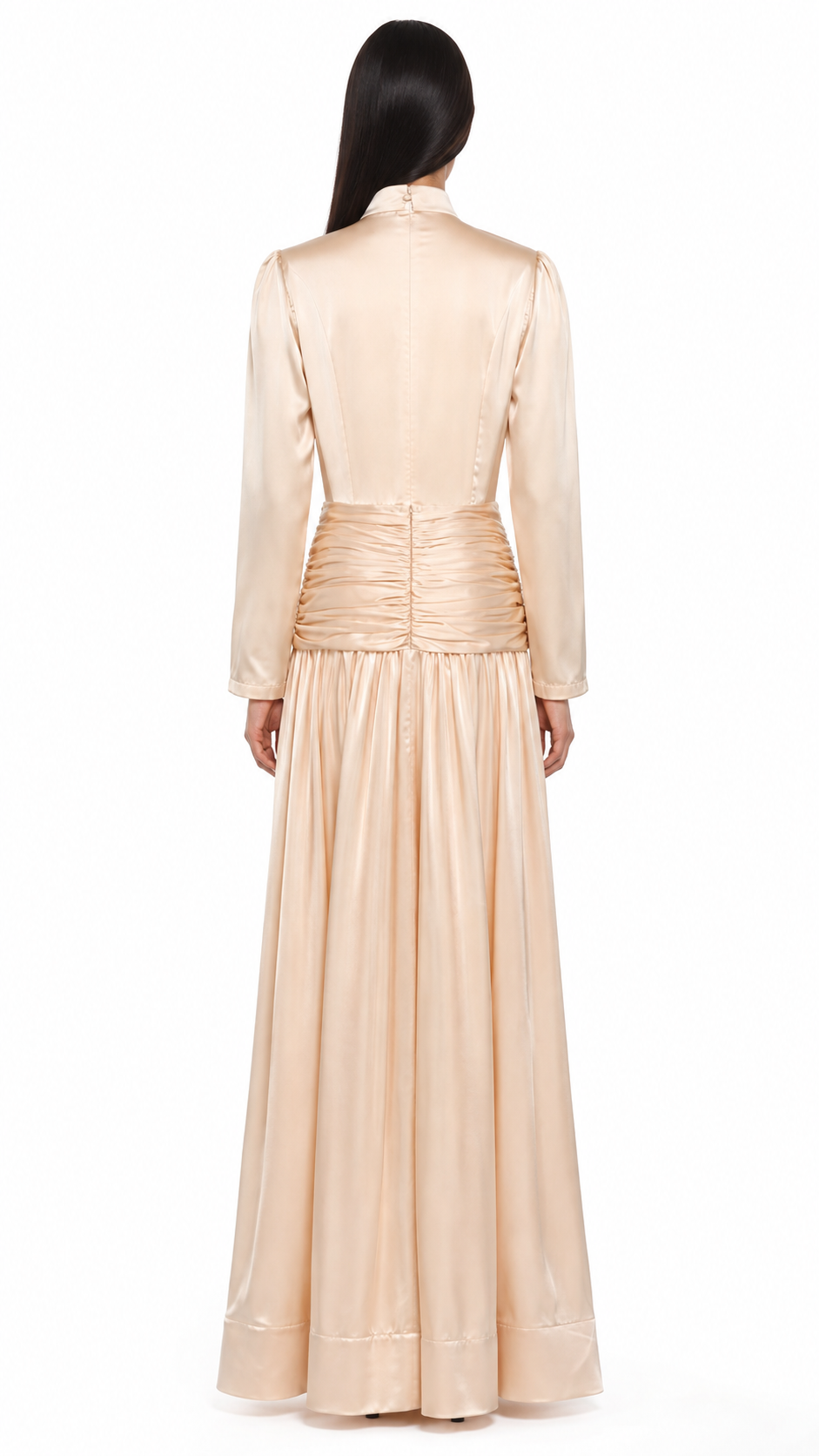 High-neck embellished satin maxi dress with draped waist – LYRA