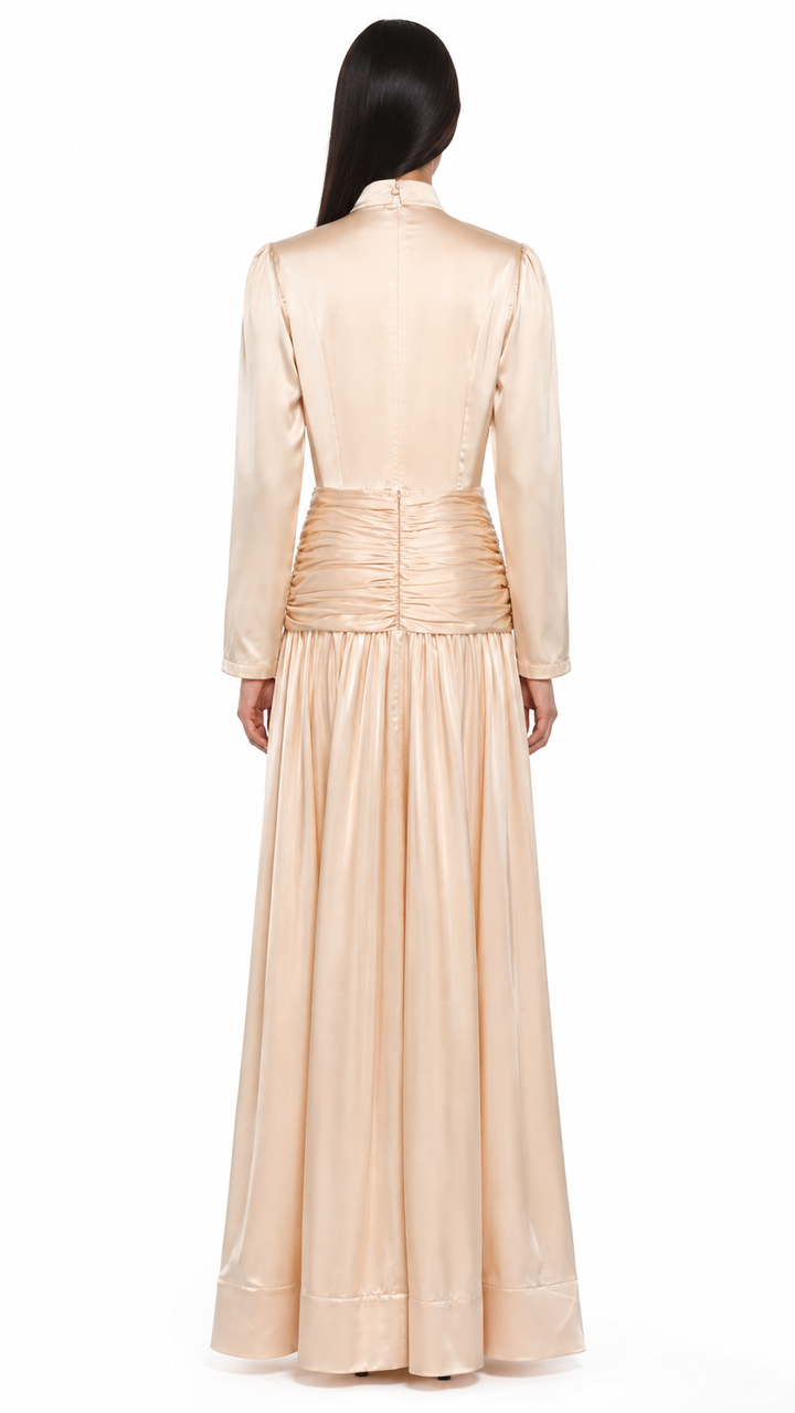 High-neck embellished satin maxi dress with draped waist – LYRA