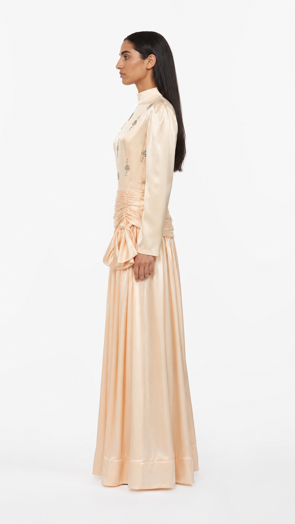 High-neck embellished satin maxi dress with draped waist – LYRA