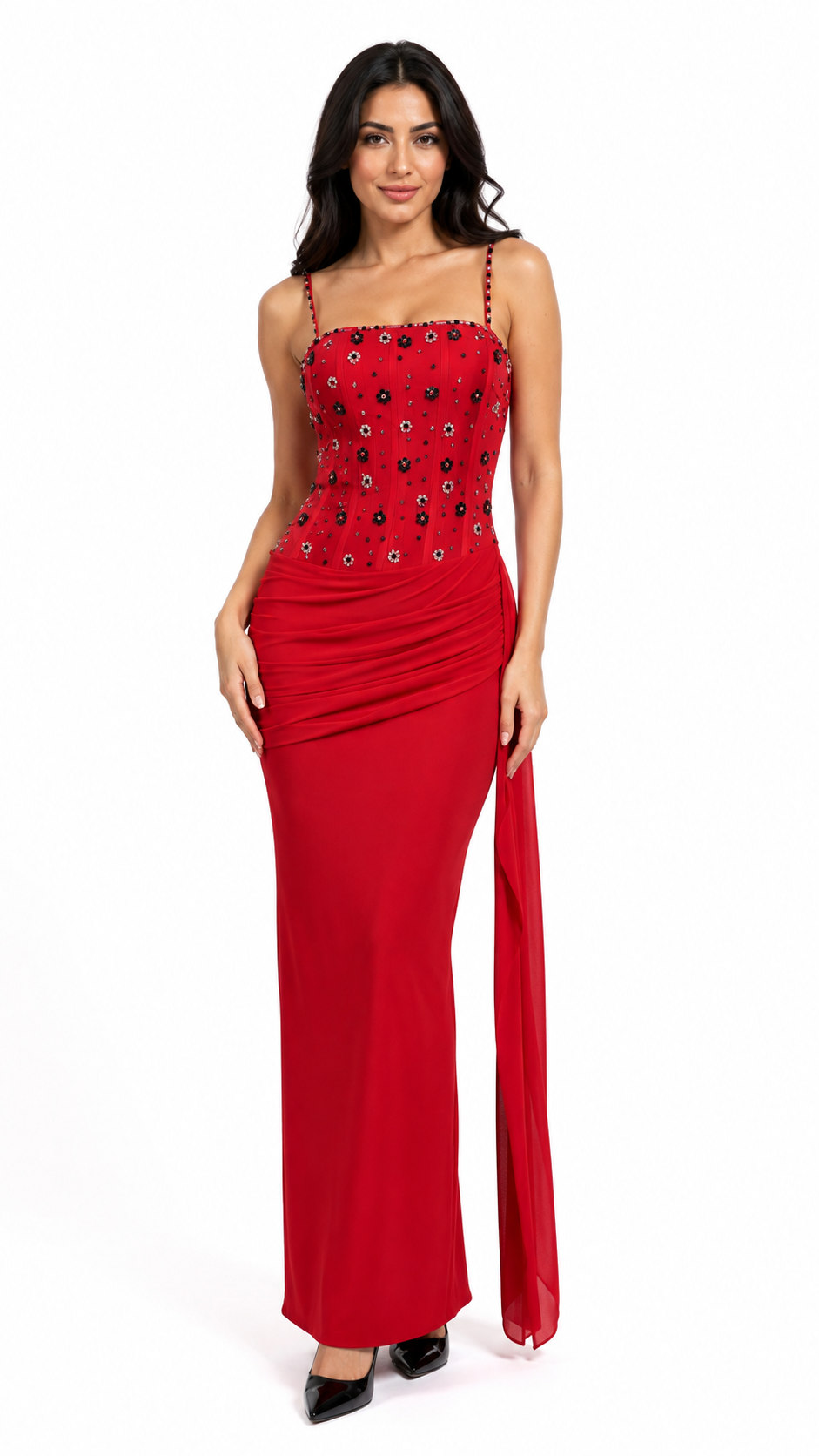 Black Crystal Embellished Draped Evening Dress – SERAPHINE