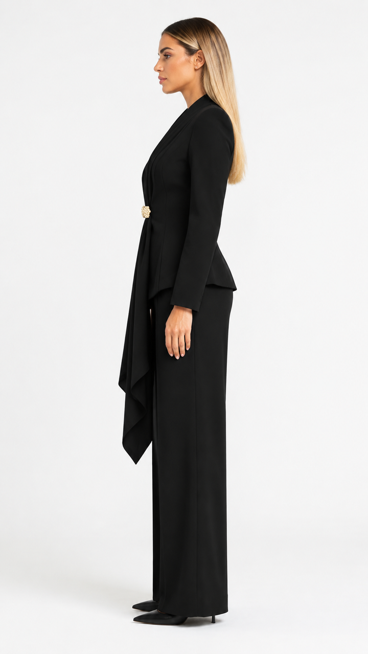 Black Draped Blazer & Wide-Leg Pants Set – MONTRÉA