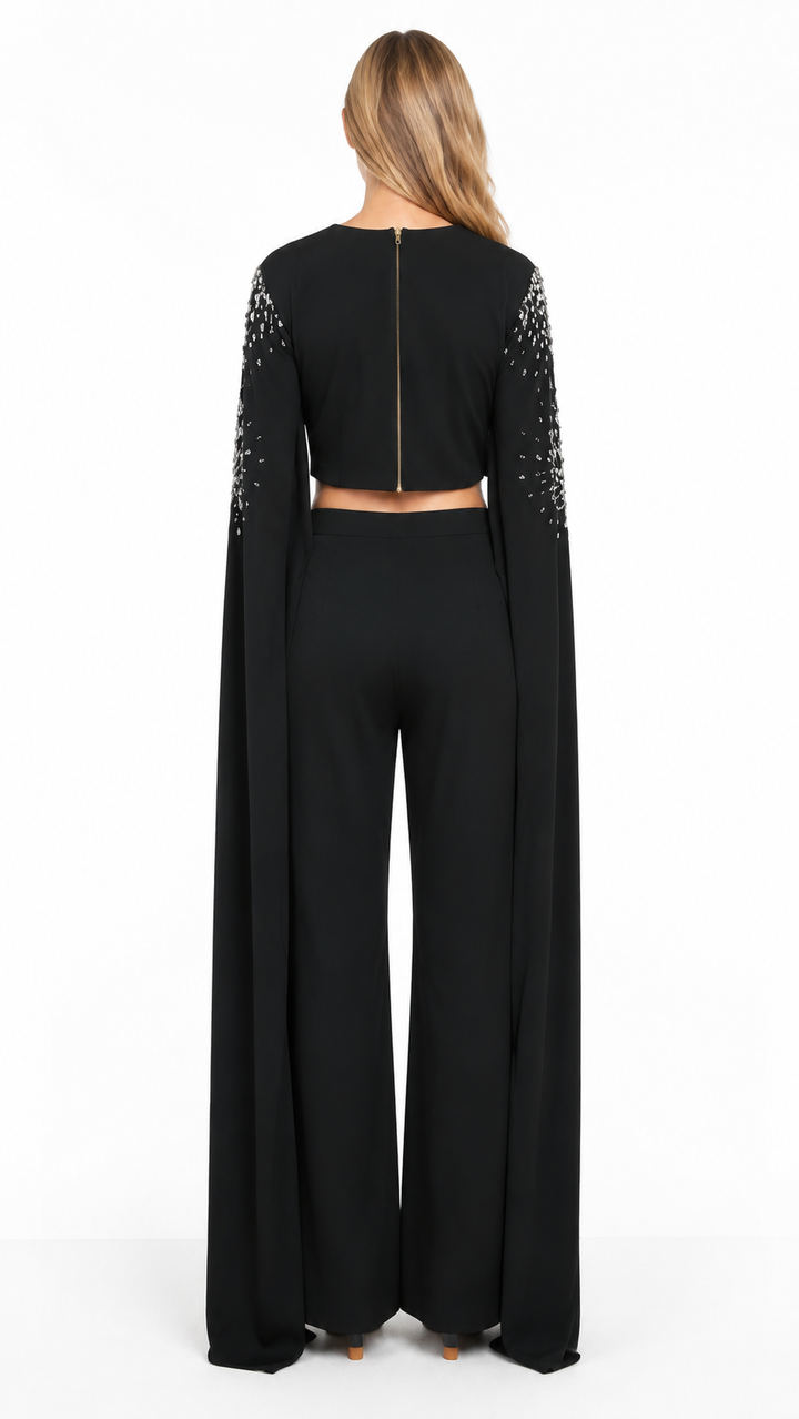Black Crystal Embellished Cape Two-Piece Set – CELESTIA