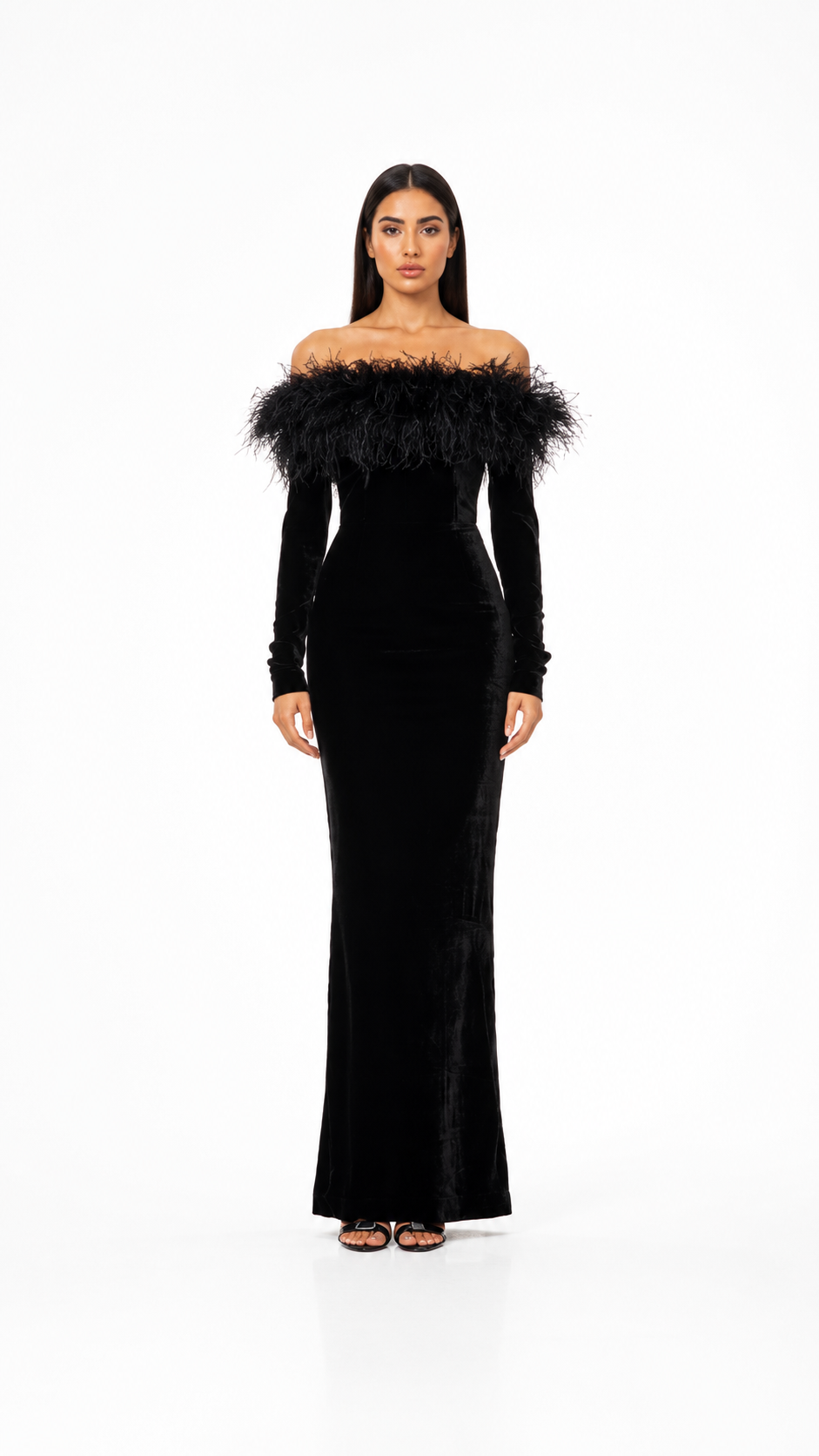 Black Feather Trim Velvet Evening Gown – OMBRÉA