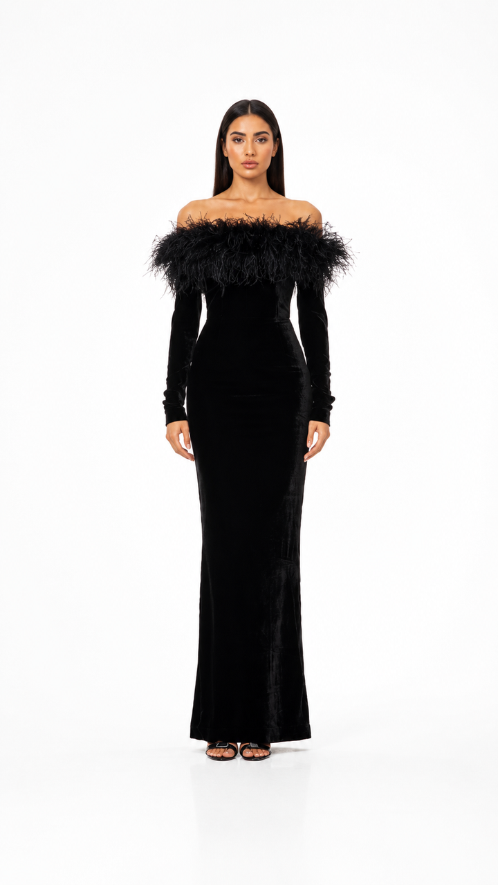 Black Feather Trim Velvet Evening Gown – OMBRÉA