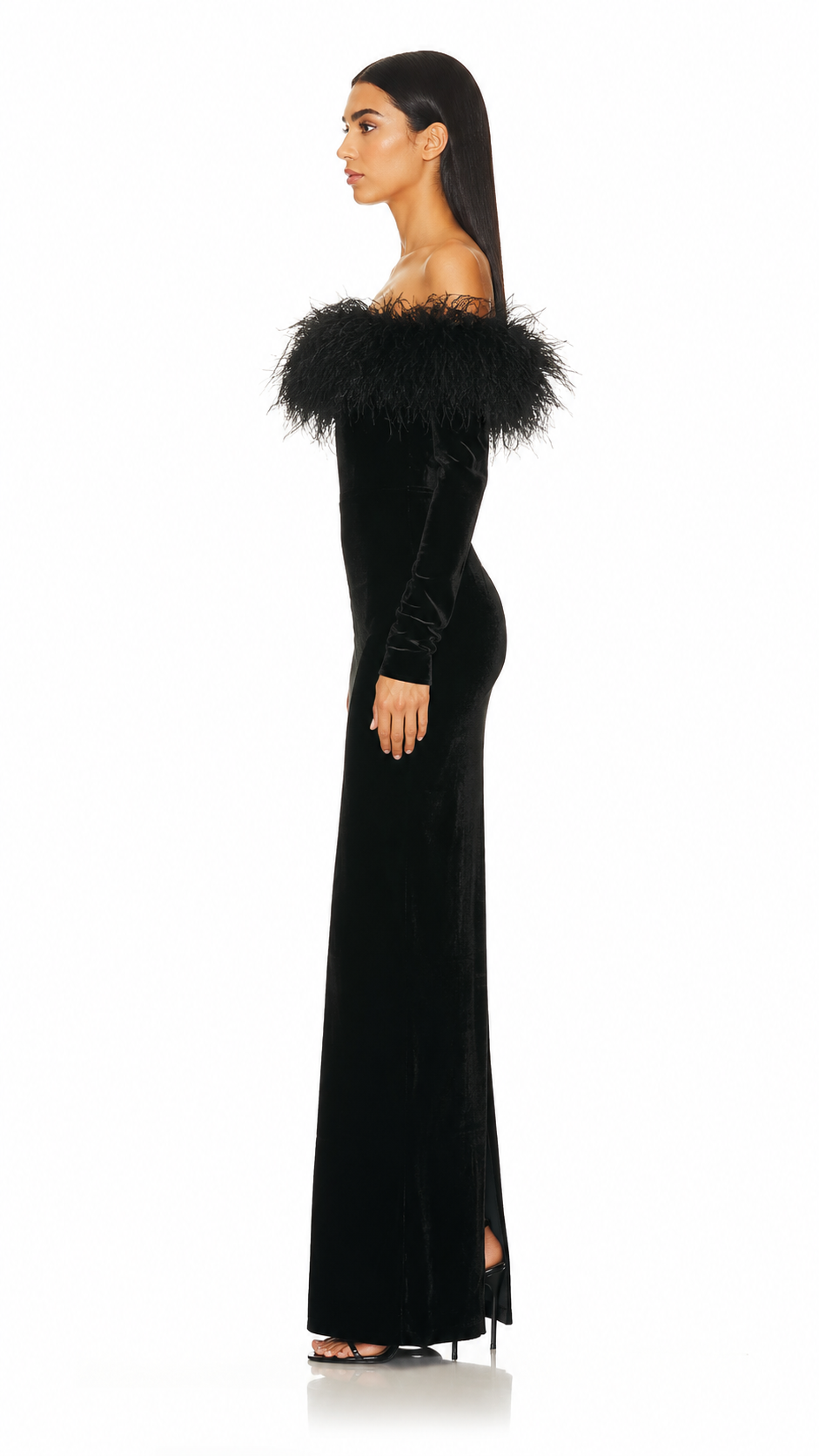 Black Feather Trim Velvet Evening Gown – OMBRÉA