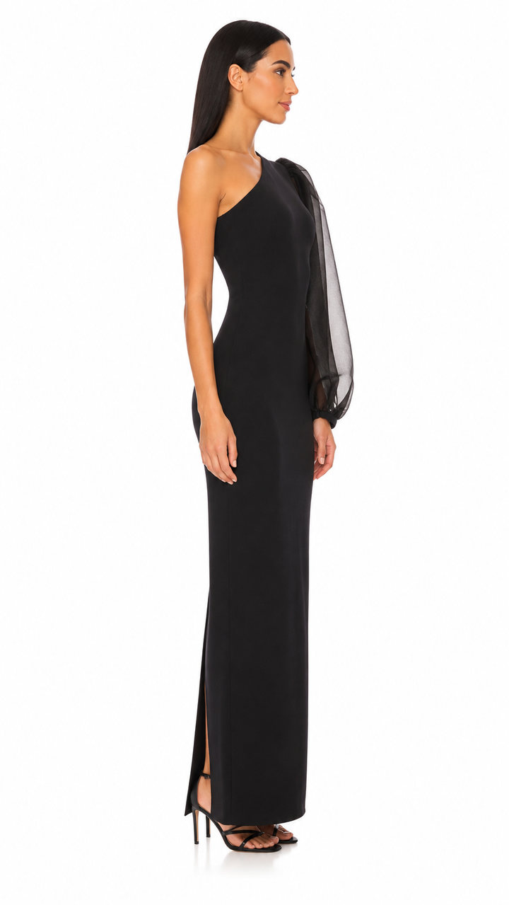 Black One-Shoulder Sheer Sleeve Evening Gown – NOCTIS