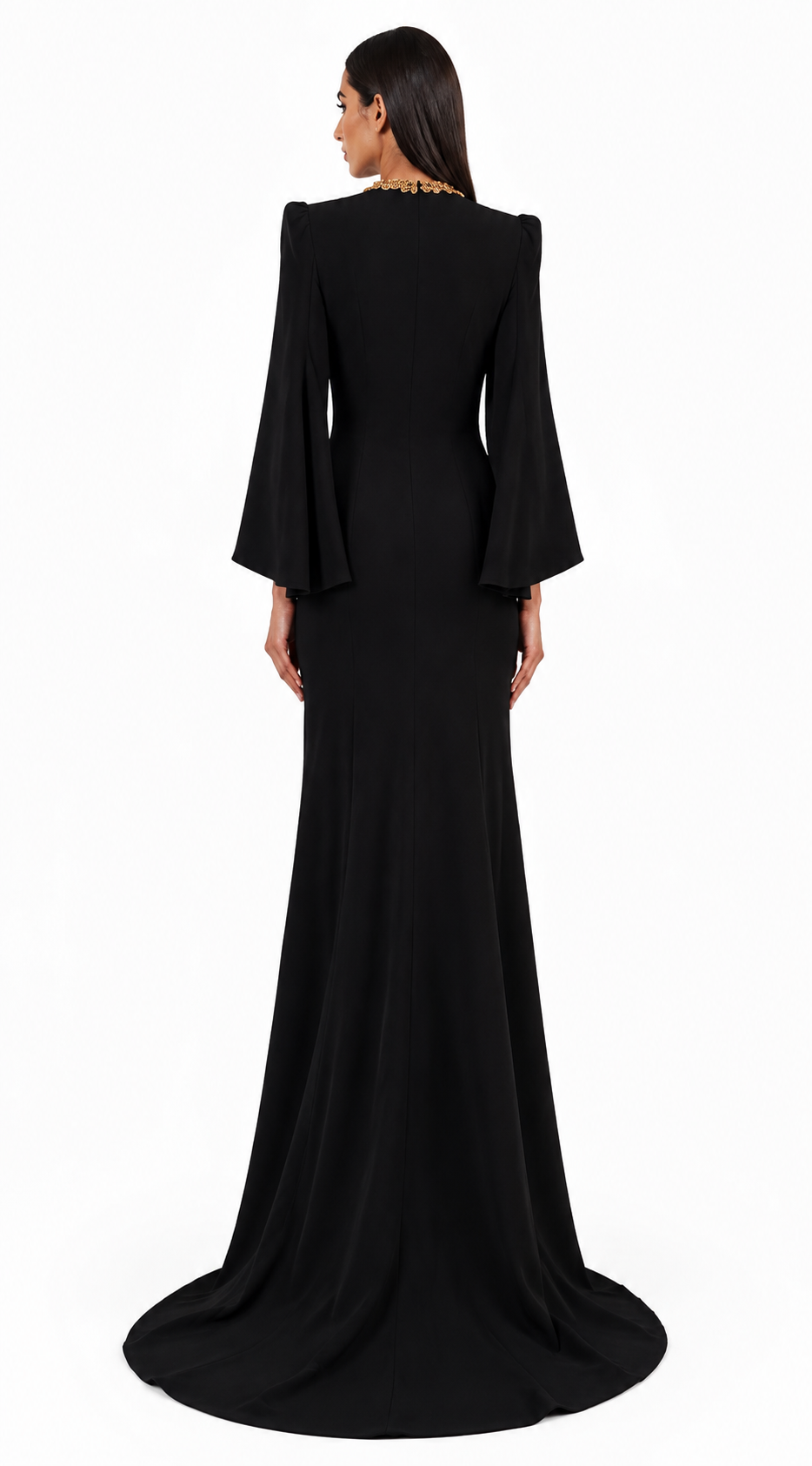 Black Gold Embellished Cape Sleeve Evening Gown – IMPÉRIA