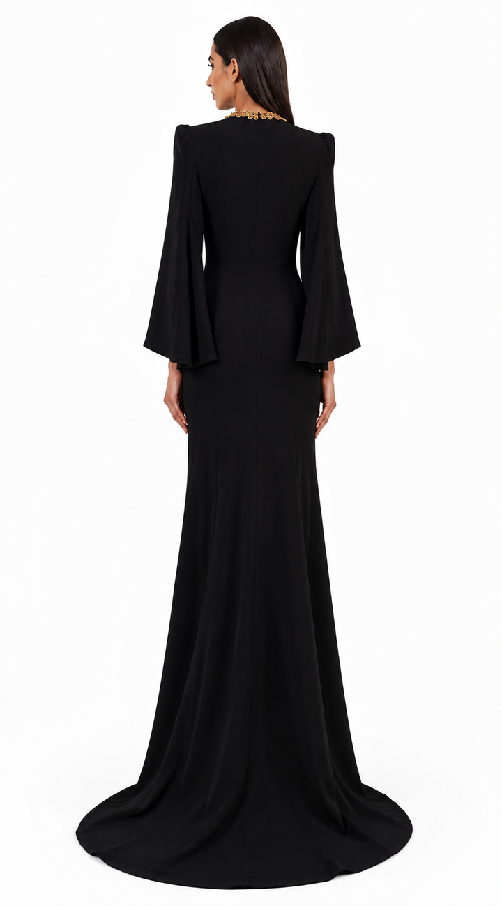 Black Gold Embellished Cape Sleeve Evening Gown – IMPÉRIA