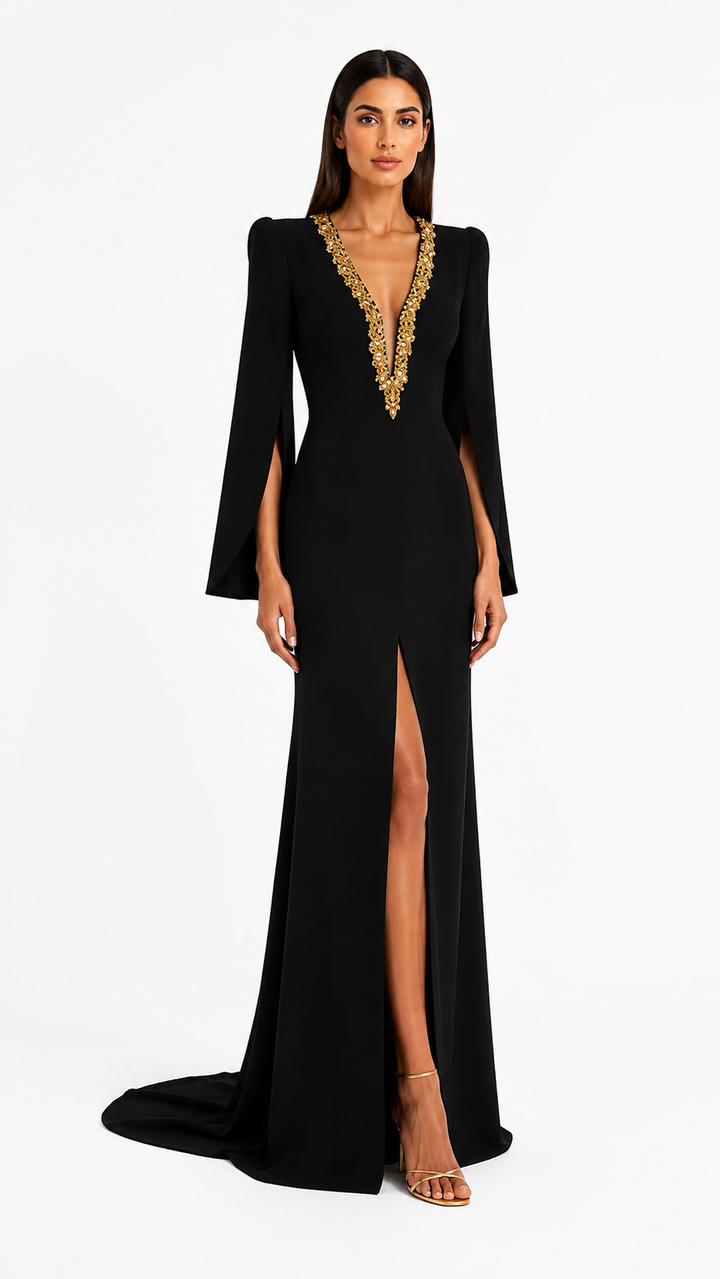 Black Gold Embellished Cape Sleeve Evening Gown – IMPÉRIA