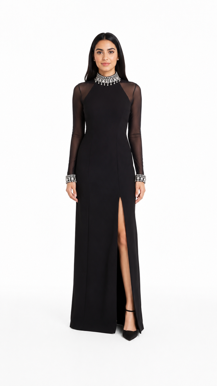 Black Sheer Sleeve Crystal Collar Evening Gown – EVELIS