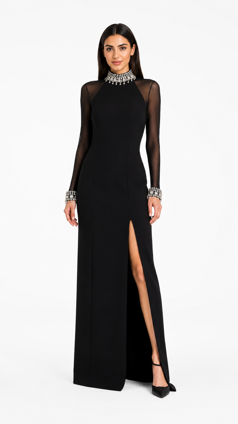 Black Sheer Sleeve Crystal Collar Evening Gown – EVELIS