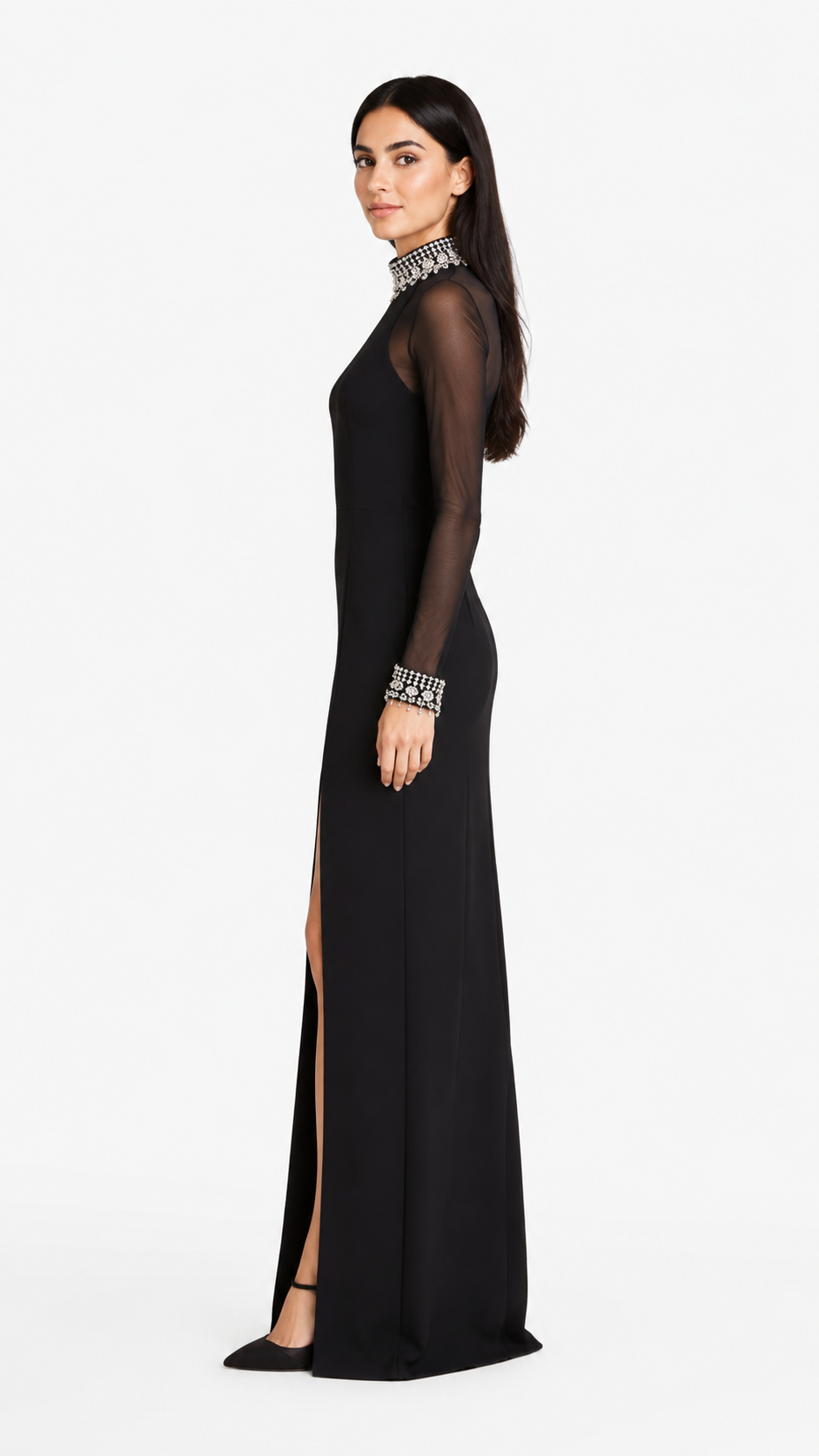 Black Sheer Sleeve Crystal Collar Evening Gown – EVELIS