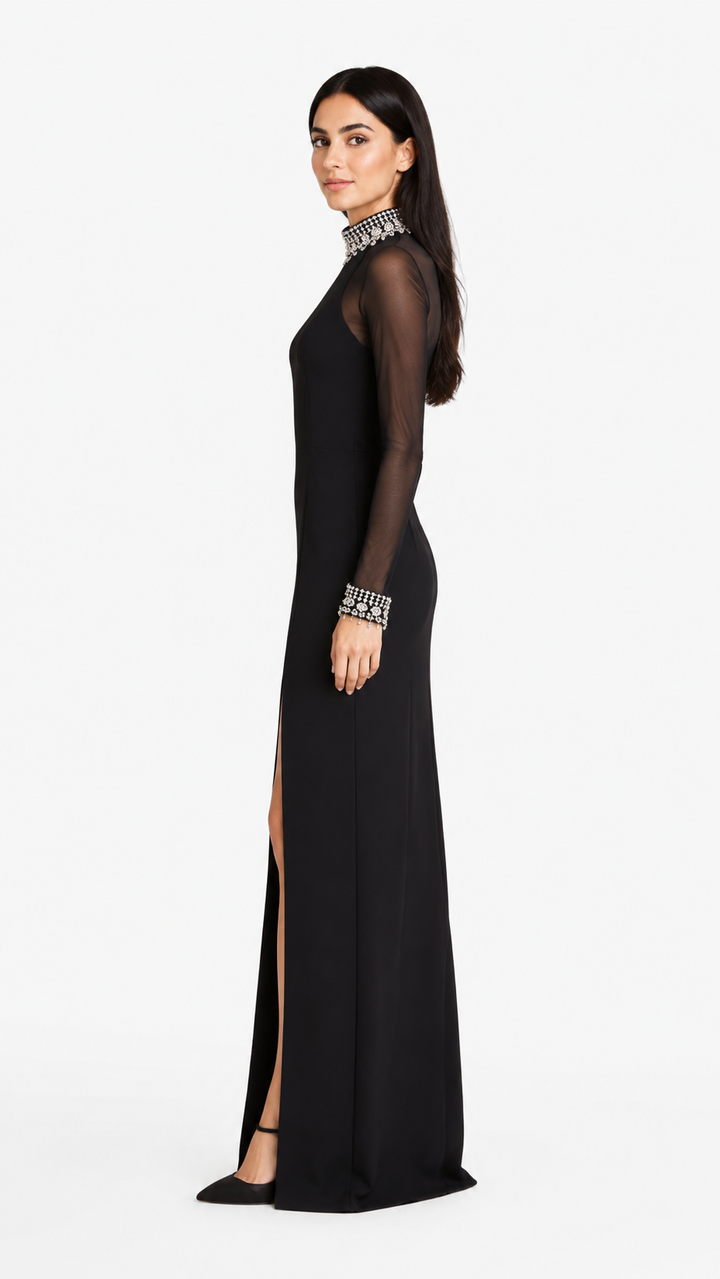 Black Sheer Sleeve Crystal Collar Evening Gown – EVELIS