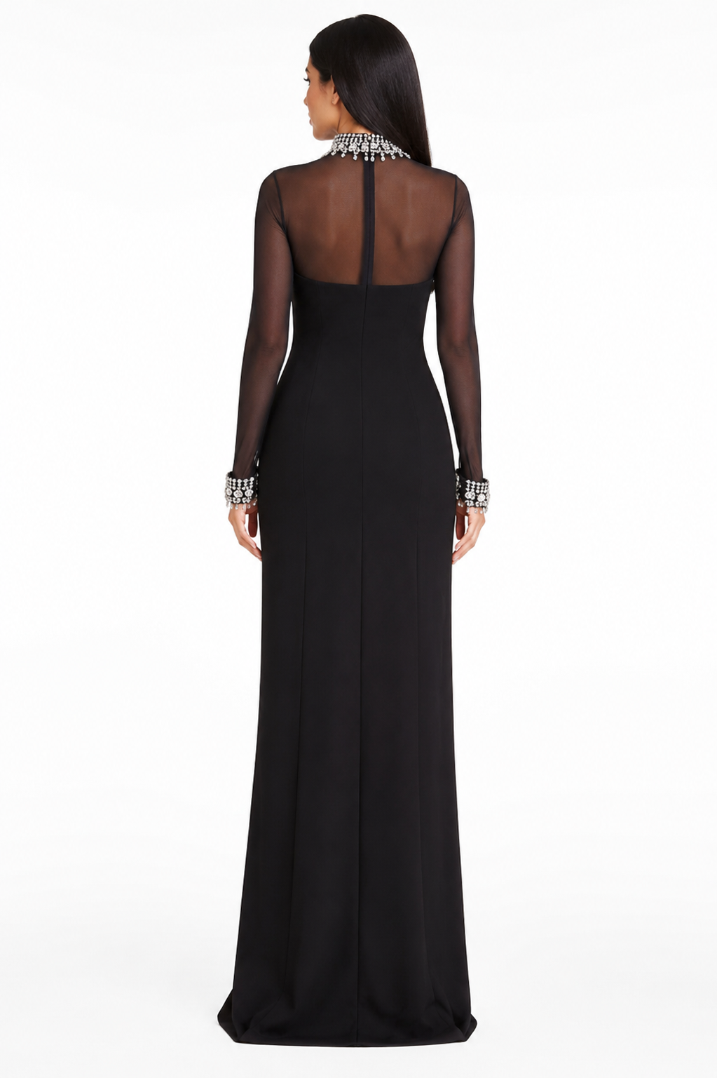 Black Sheer Sleeve Crystal Collar Evening Gown – EVELIS