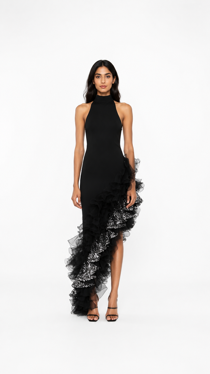 Black Ruffle Sequin Asymmetric Evening Dress – VESPERA