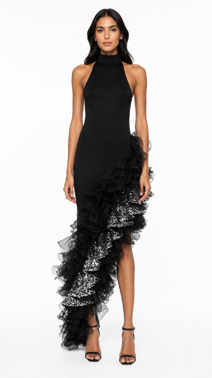 Black Ruffle Sequin Asymmetric Evening Dress – VESPERA