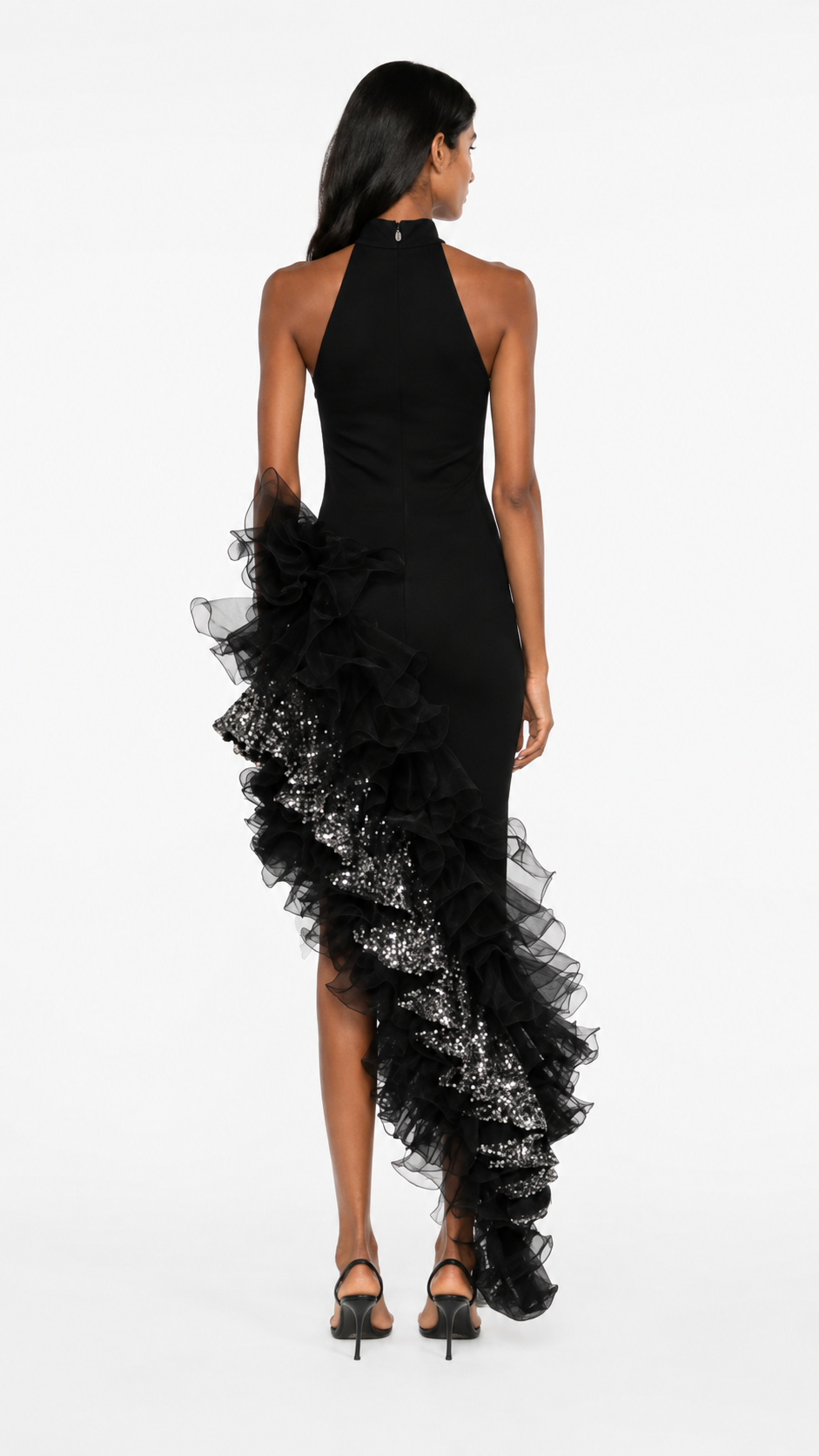 Black Ruffle Sequin Asymmetric Evening Dress – VESPERA
