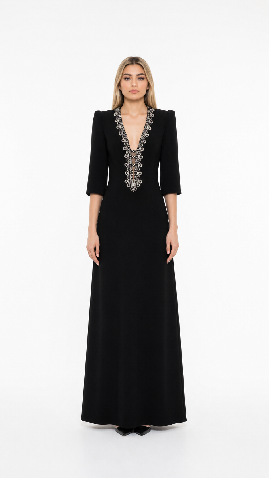 Black Embellished Plunge Neck Evening Gown – VALENZA