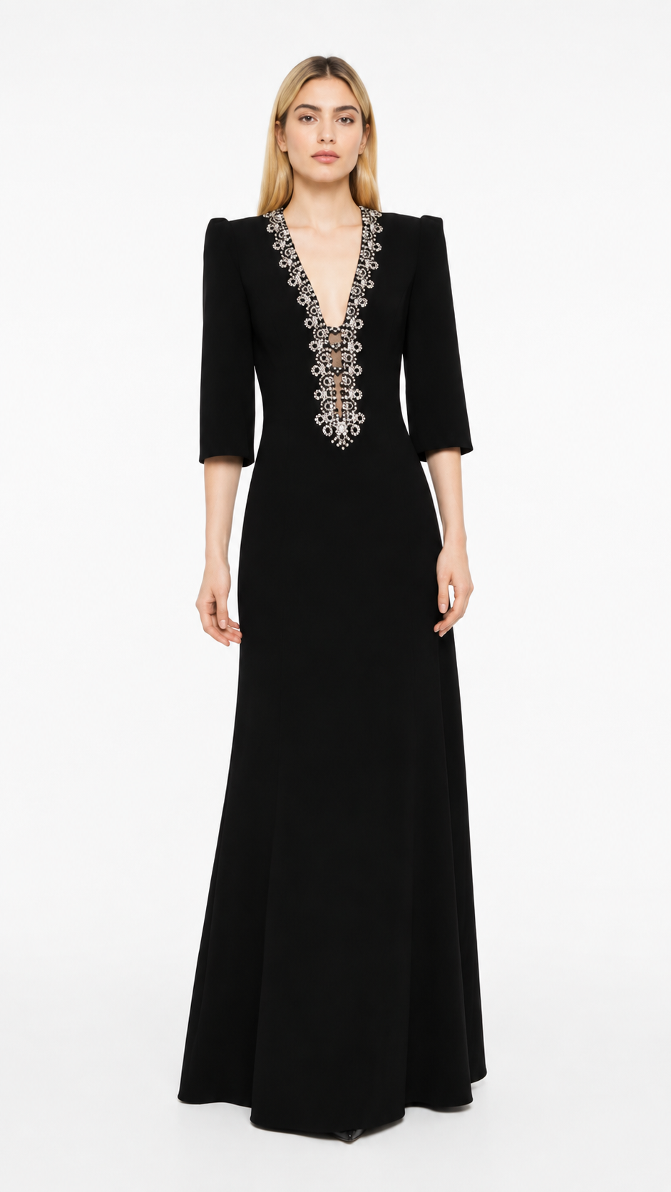 Black Embellished Plunge Neck Evening Gown – VALENZA