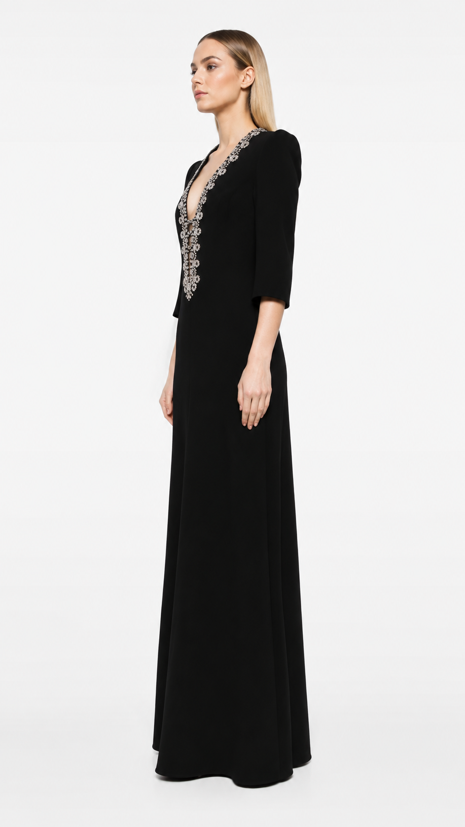 Black Embellished Plunge Neck Evening Gown – VALENZA
