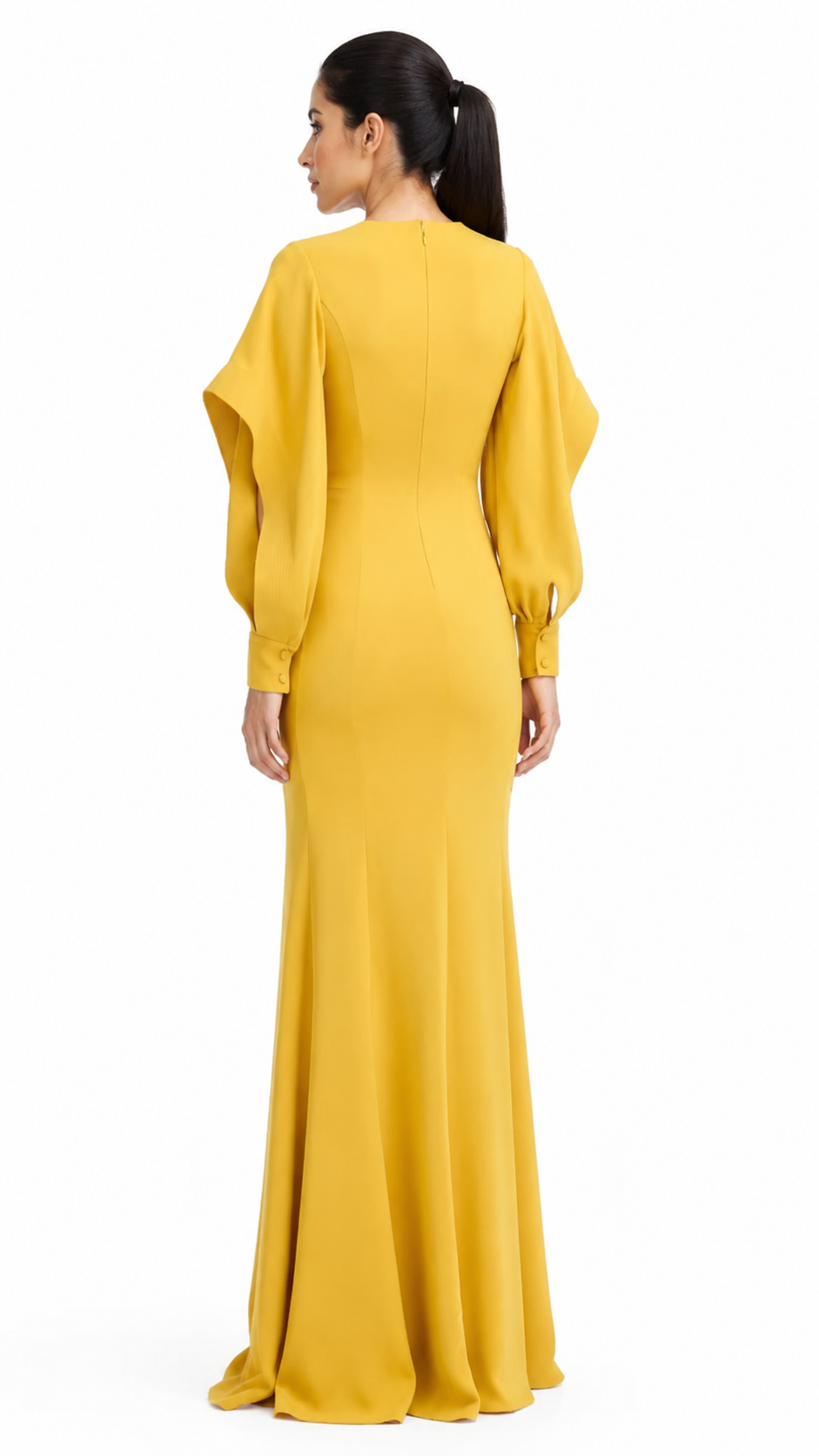 Golden Yellow Cape Sleeve Keyhole Evening Gown – AURÉLIE
