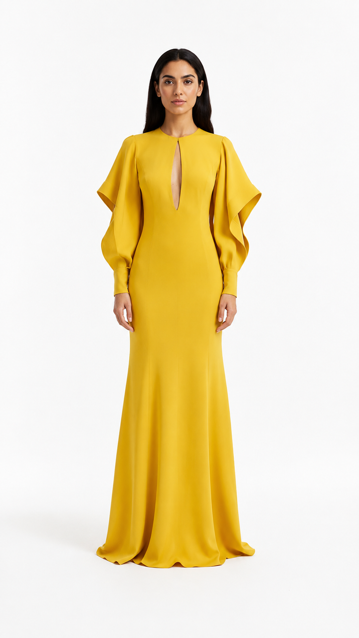 Golden Yellow Cape Sleeve Keyhole Evening Gown – AURÉLIE