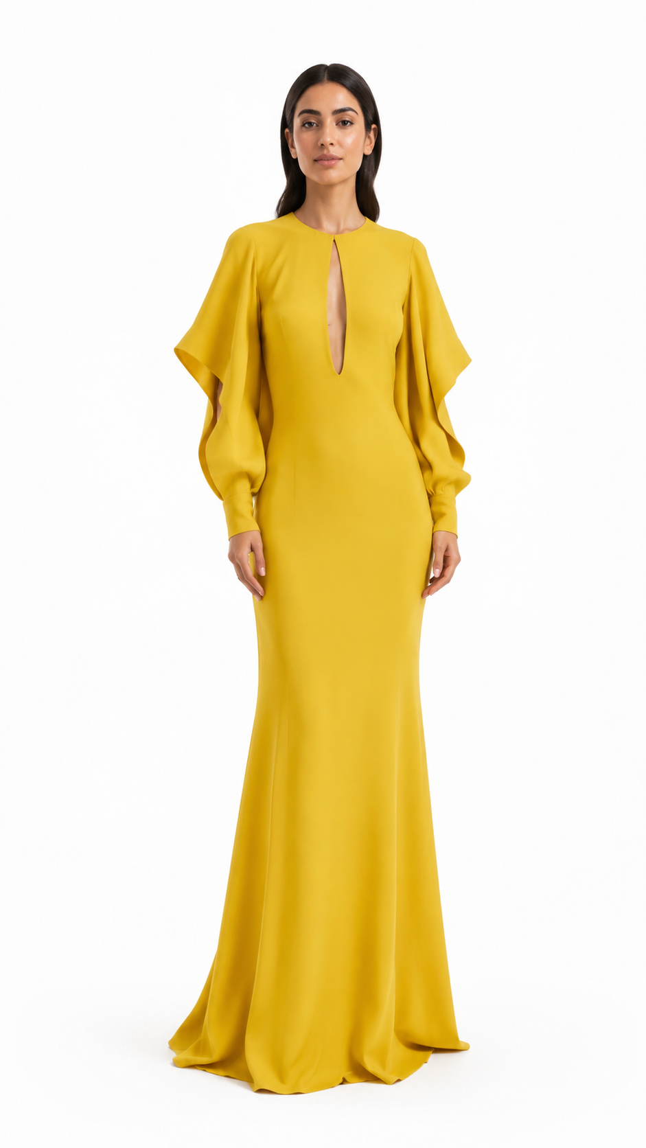 Golden Yellow Cape Sleeve Keyhole Evening Gown – AURÉLIE
