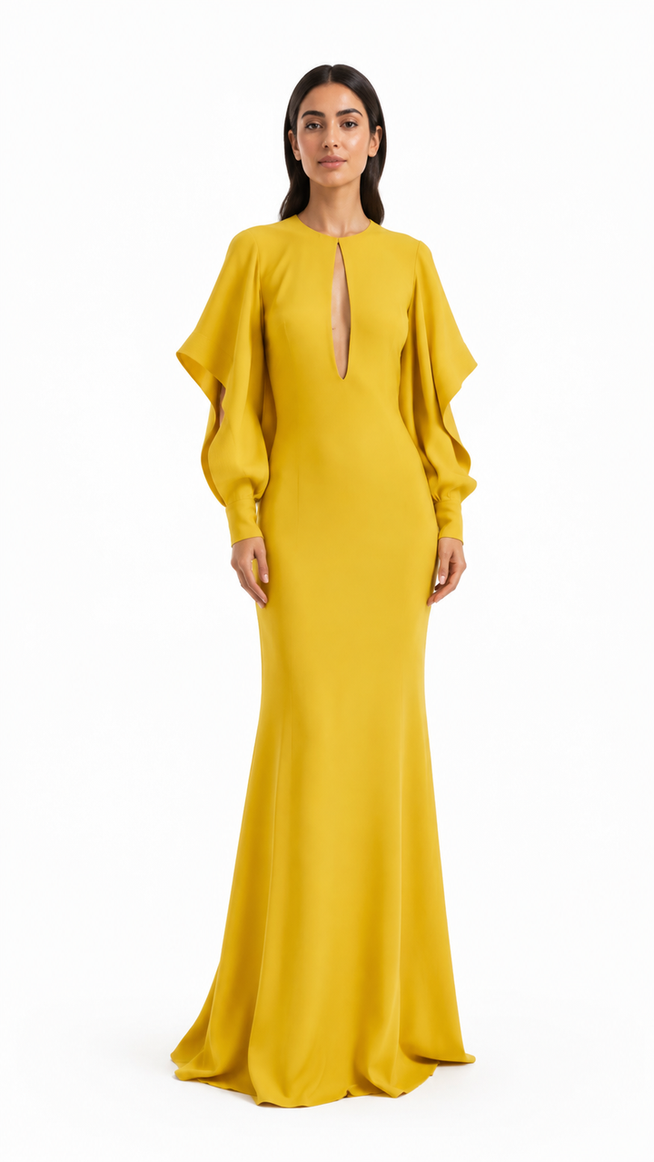 Golden Yellow Cape Sleeve Keyhole Evening Gown – AURÉLIE