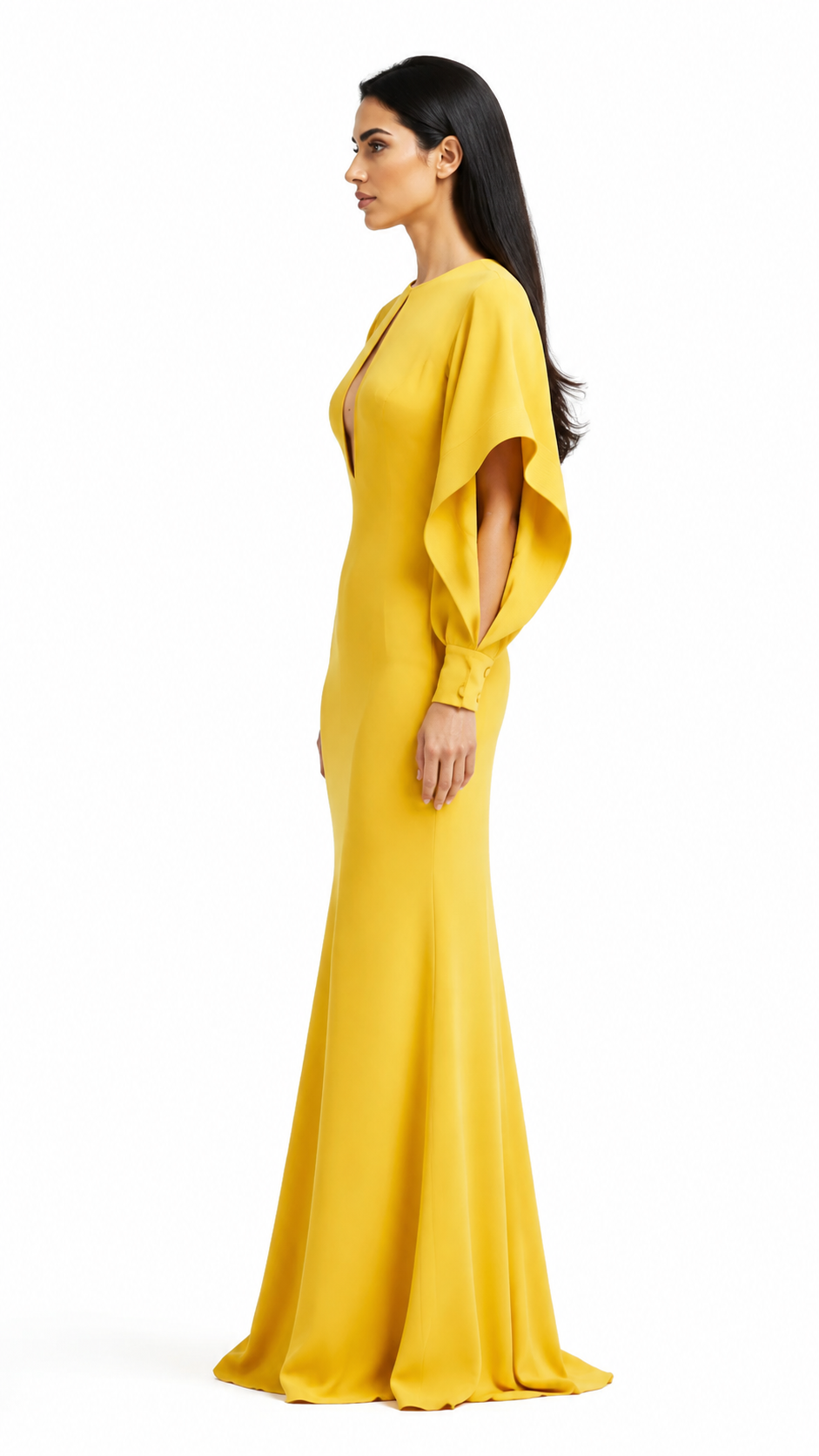 Golden Yellow Cape Sleeve Keyhole Evening Gown – AURÉLIE