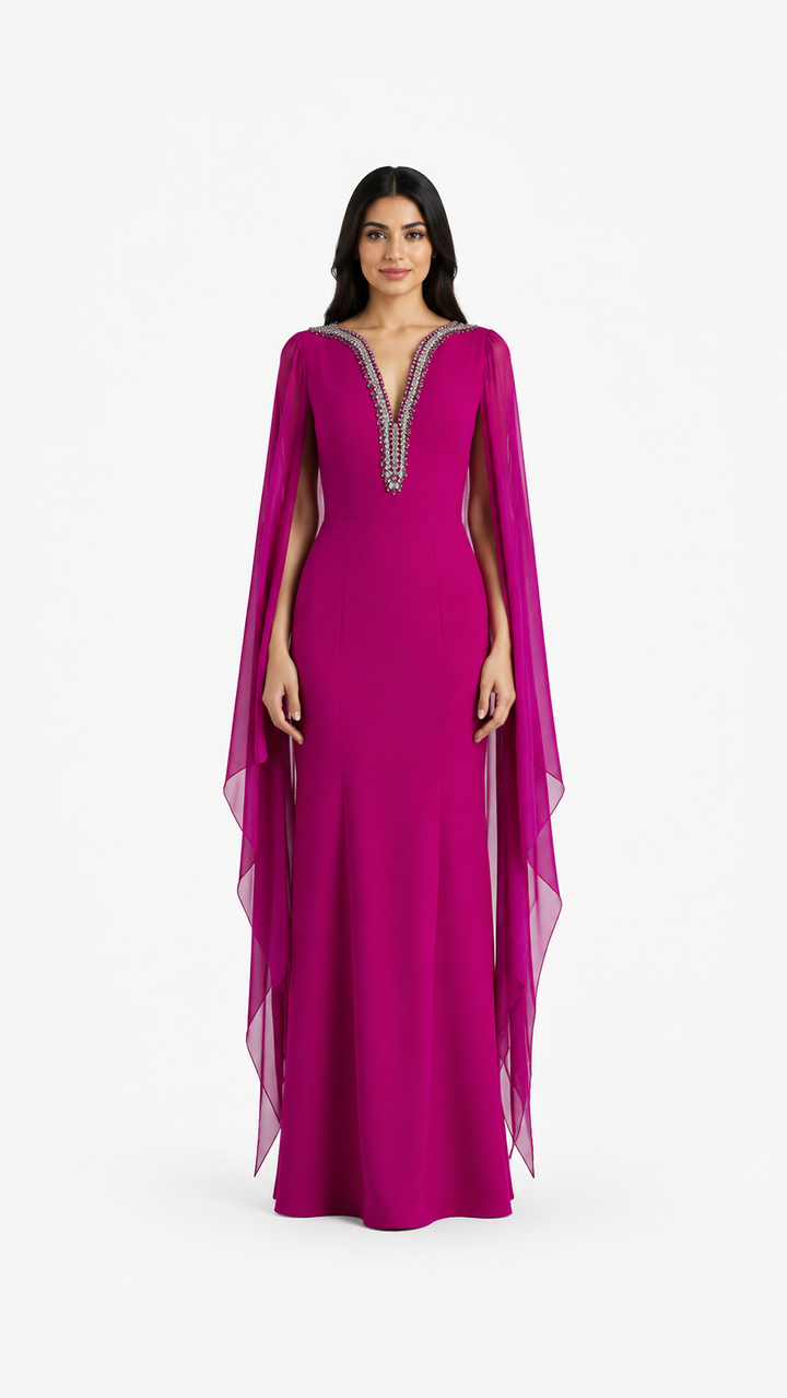 Fuchsia Embellished Cape Maxi Dress – ZARELLE