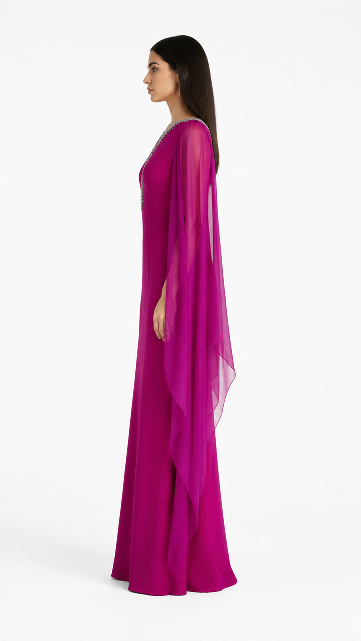Fuchsia Embellished Cape Maxi Dress – ZARELLE