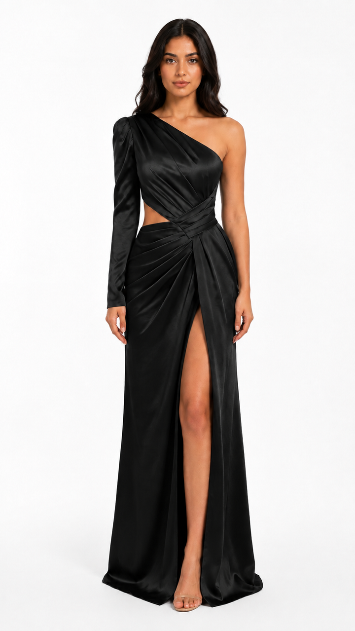 Emerald One-Shoulder Cutout Satin Maxi Dress – VELORA