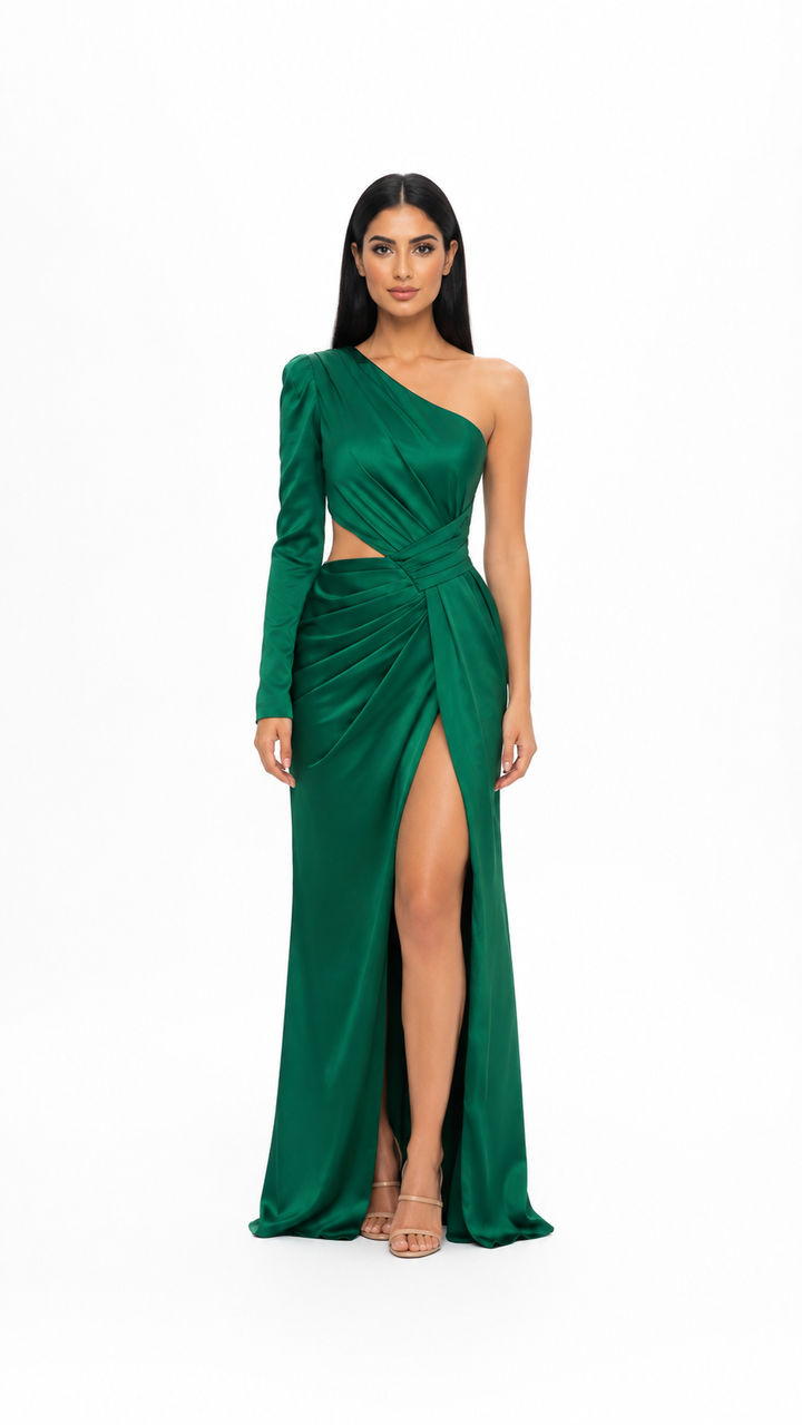 Emerald One-Shoulder Cutout Satin Maxi Dress – VELORA