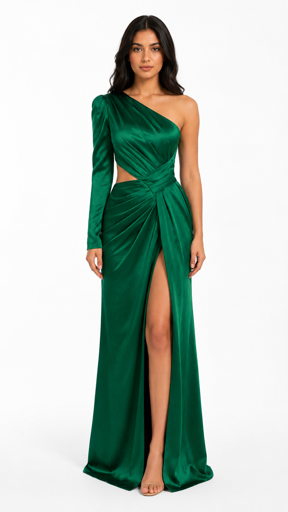 Emerald One-Shoulder Cutout Satin Maxi Dress – VELORA