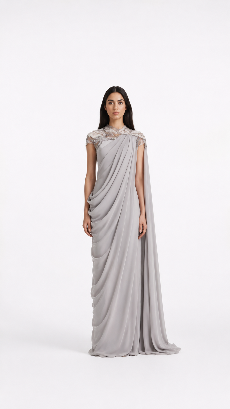 Silver Draped Cape Evening Maxi Dress – AURELIA