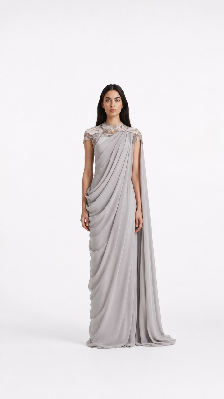 Silver Draped Cape Evening Maxi Dress – AURELIA