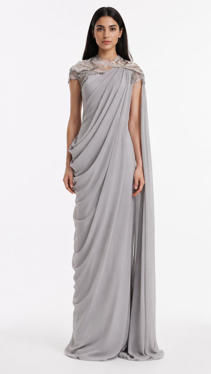 Silver Draped Cape Evening Maxi Dress – AURELIA