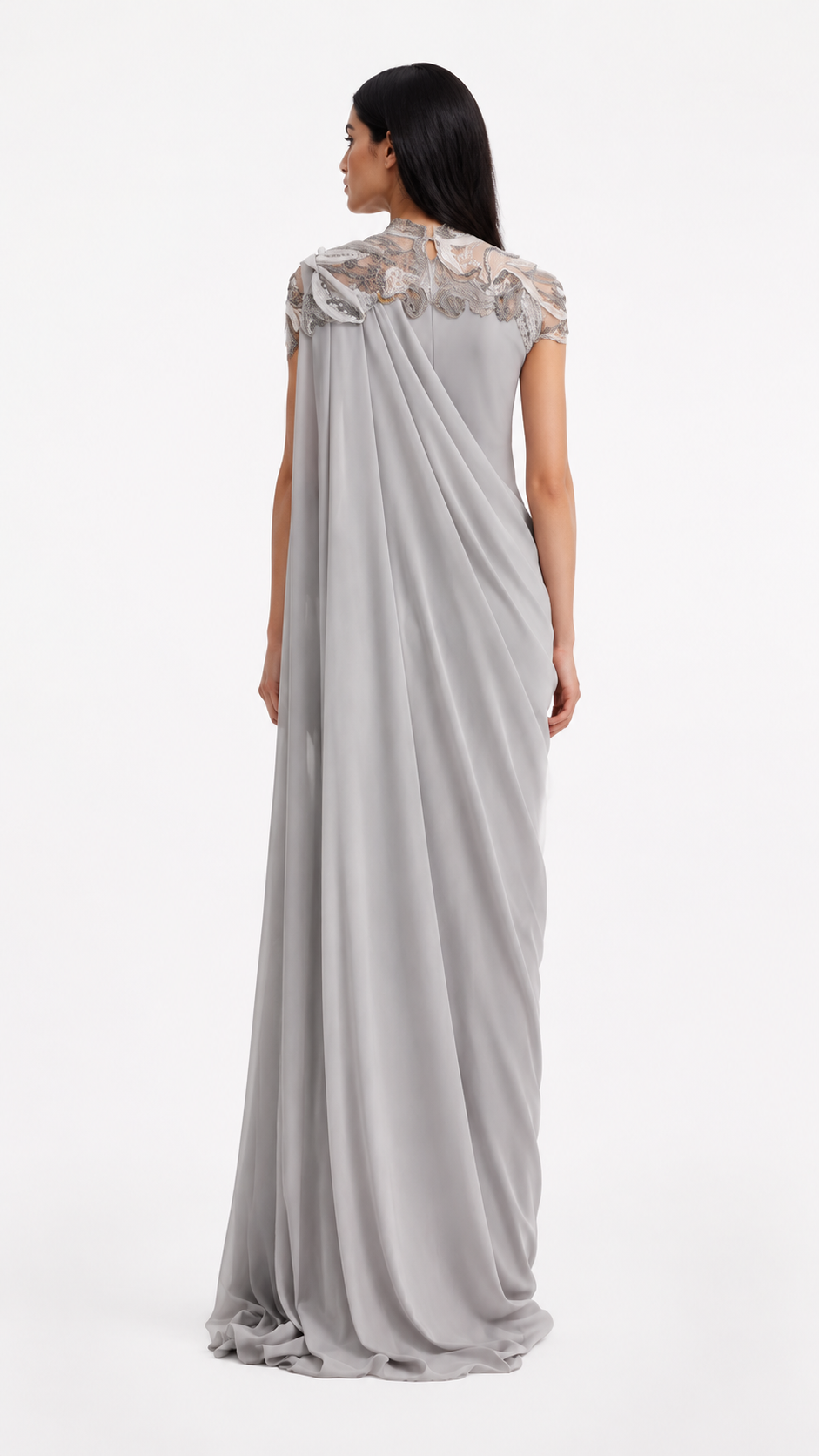 Silver Draped Cape Evening Maxi Dress – AURELIA