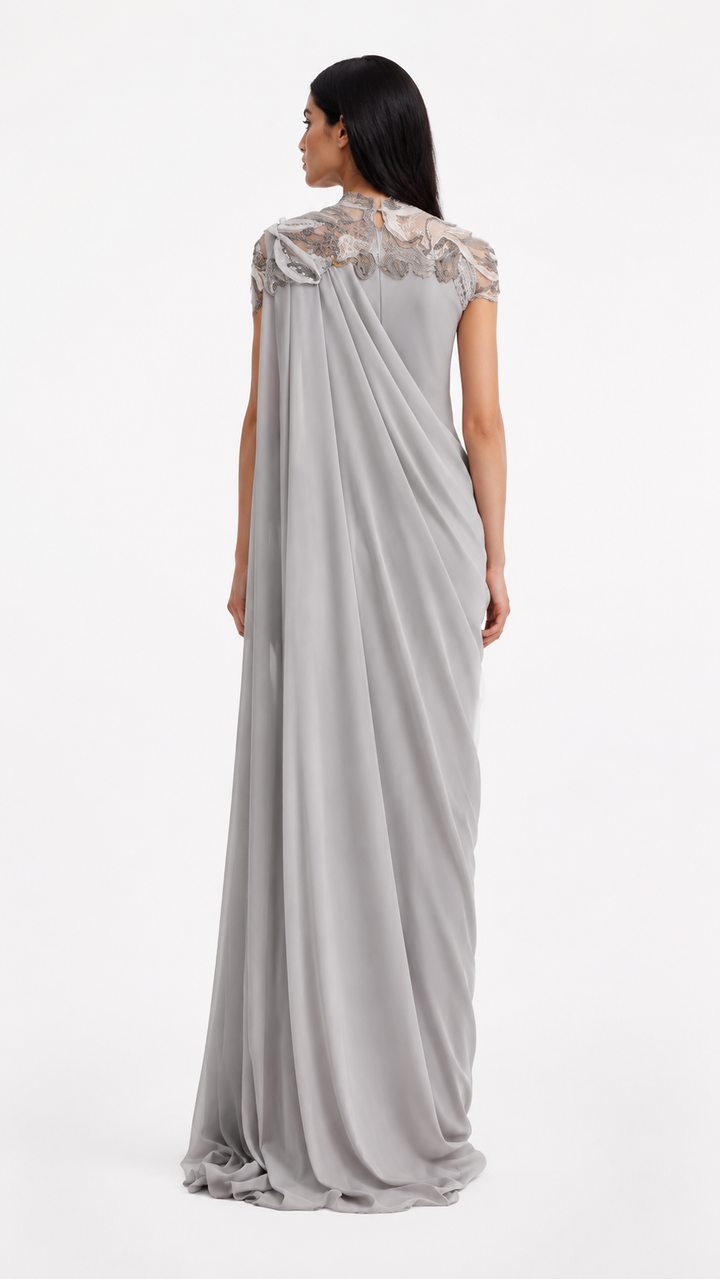 Silver Draped Cape Evening Maxi Dress – AURELIA