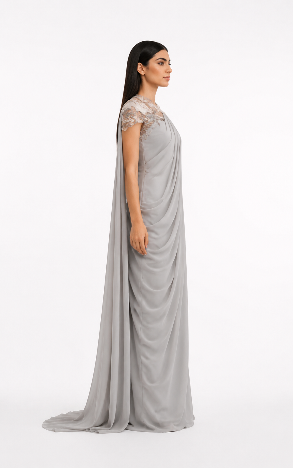 Silver Draped Cape Evening Maxi Dress – AURELIA