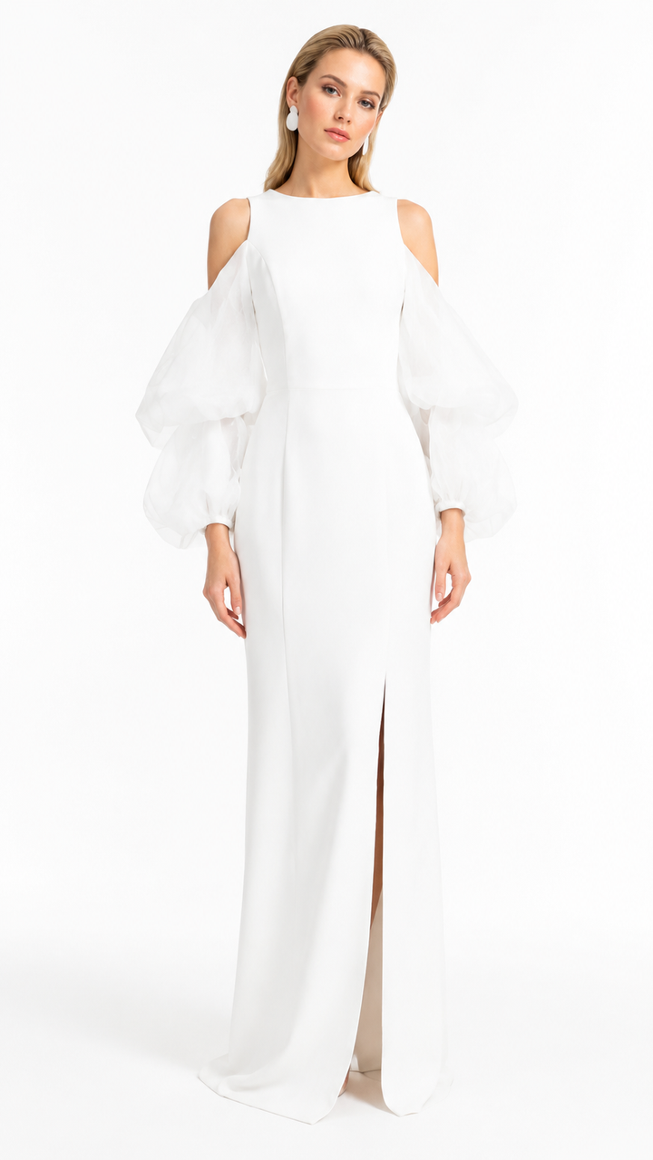 White Cold-Shoulder Statement Sleeve Maxi Dress – ELIORA