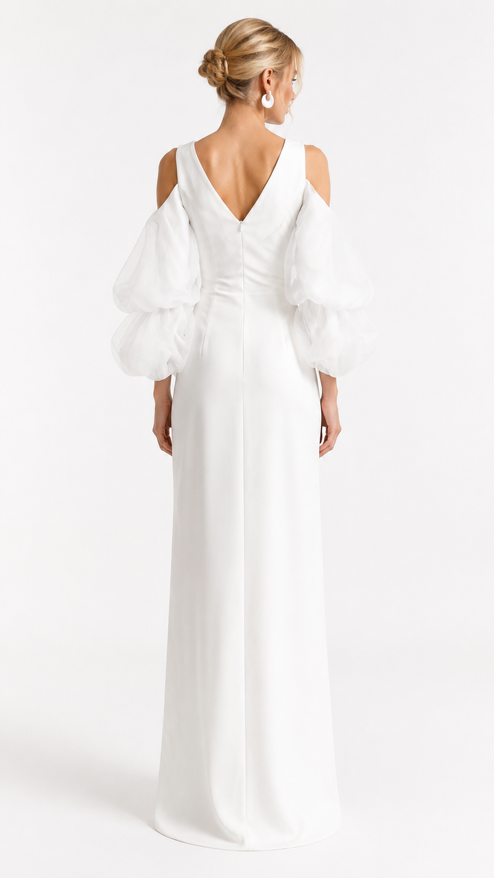 White Cold-Shoulder Statement Sleeve Maxi Dress – ELIORA