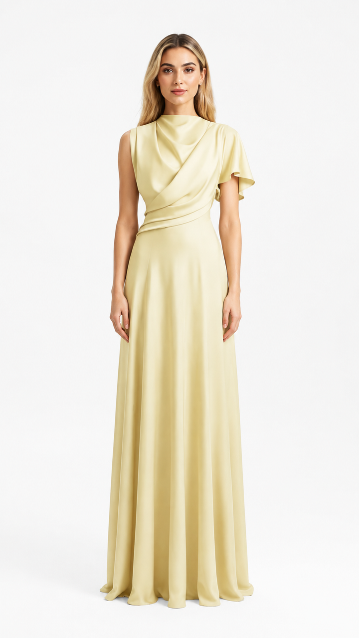 Champagne Draped Satin Maxi Dress – SERENA