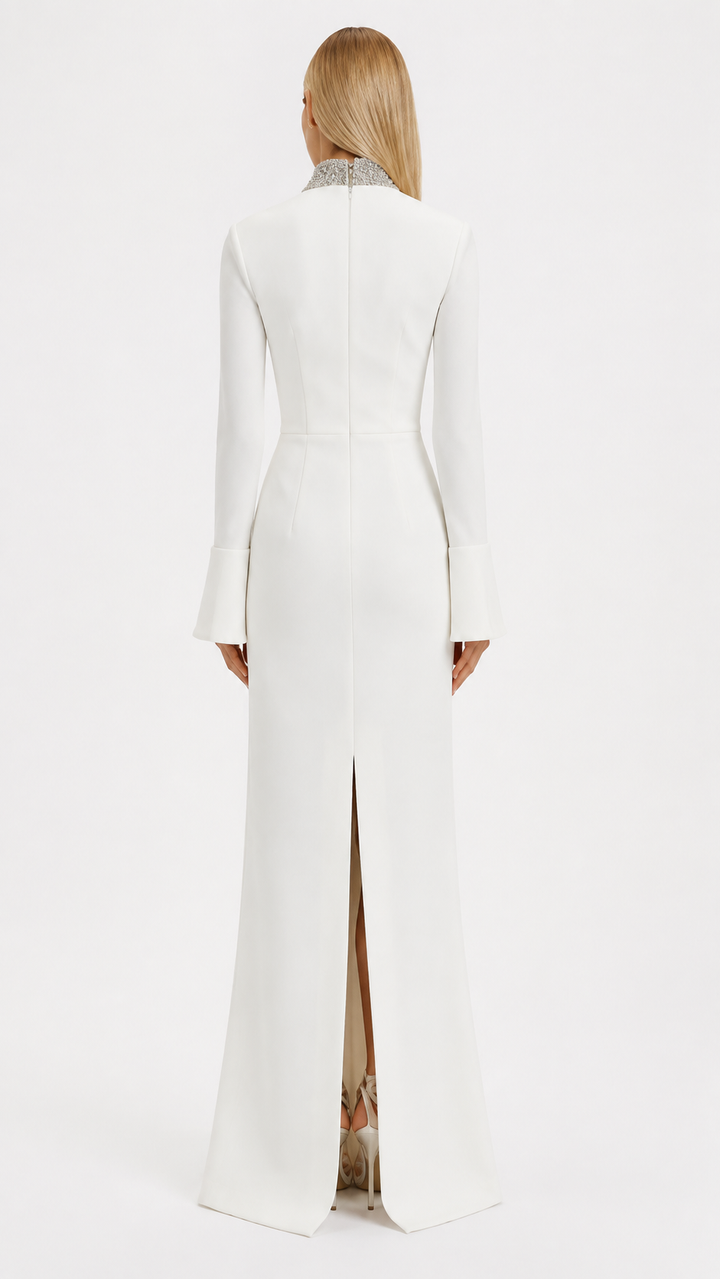 White Crystal High-Neck Maxi Dress – EVELIS