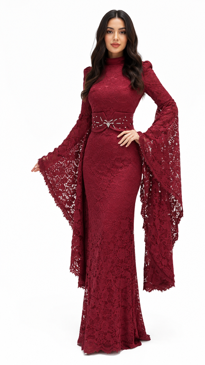 Burgundy Lace Cape Sleeve Evening Gown – AMARIS