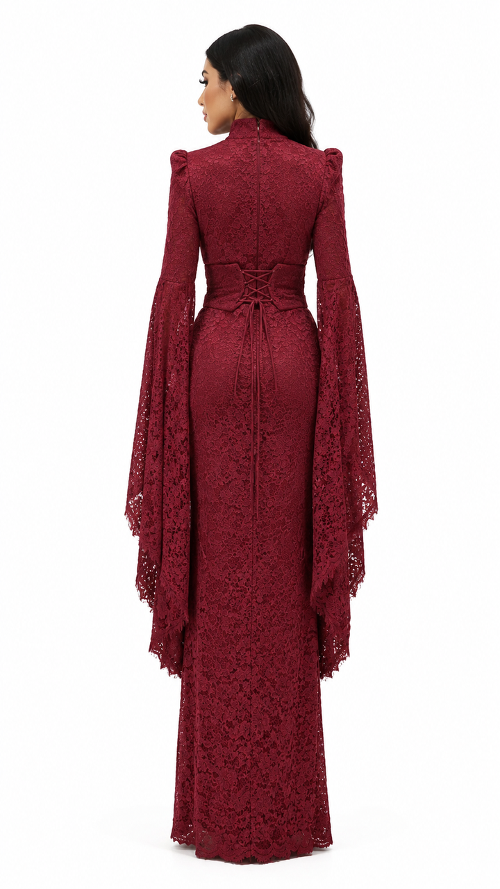 Burgundy Lace Cape Sleeve Evening Gown – AMARIS