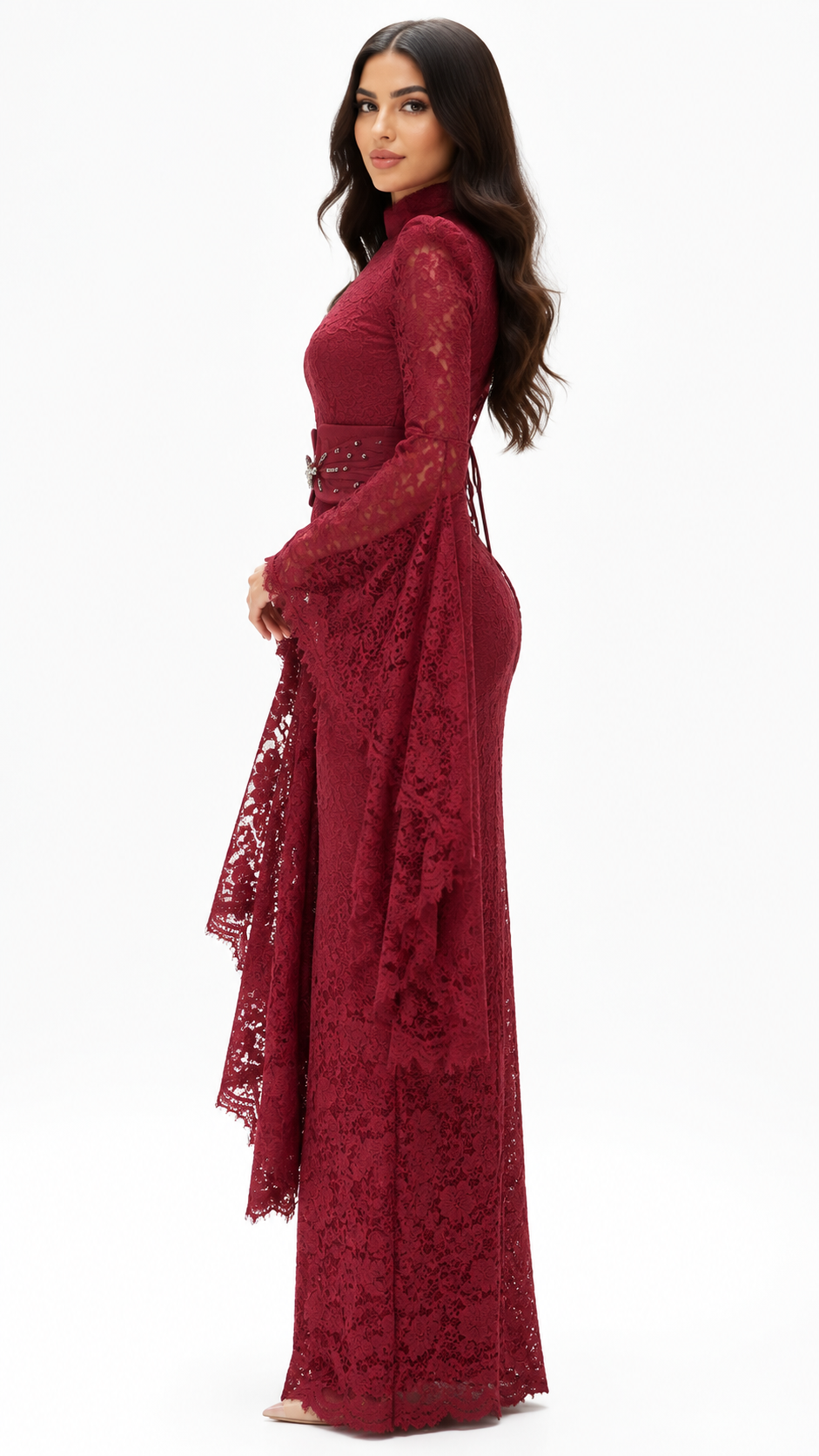 Burgundy Lace Cape Sleeve Evening Gown – AMARIS