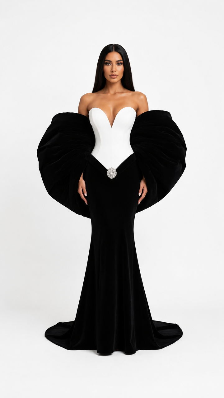 Black & White Sculpted Corset Evening Gown – NOIRELLE